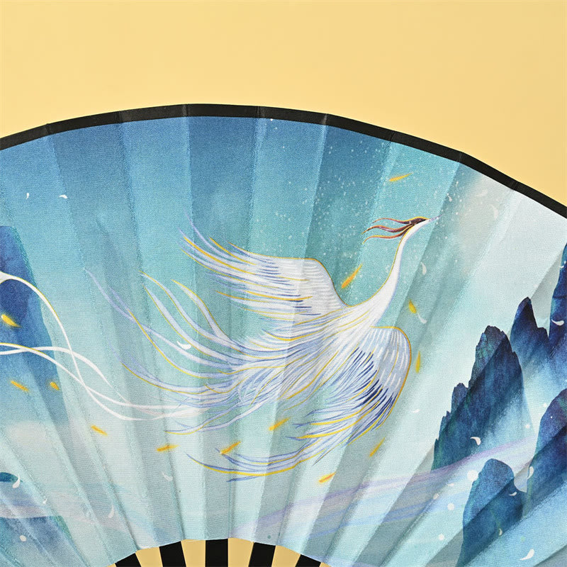 Buddha Stones Vintage Phoenix Nine Tailed Fox Flower Bamboo Tiger Handheld Folding Fan Lotus Tassel Fan