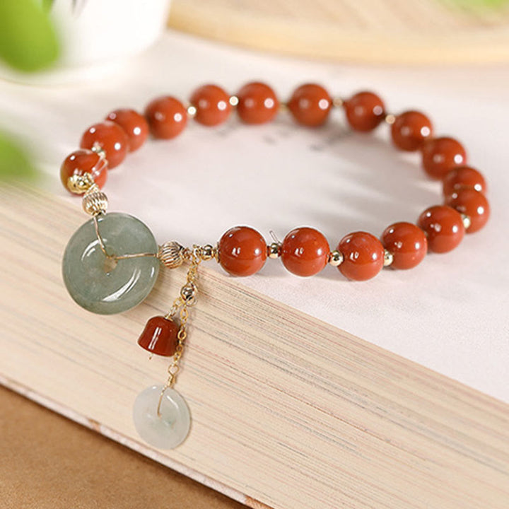 Buddha Stones 14k Gold Filled Jade Red Agate Peace Buckle Copper Coin Gourd Confidence Bracelet