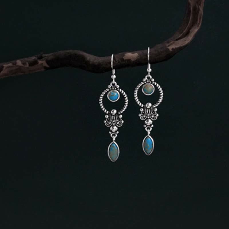 Buddha Stones 925 Sterling Silver Hook Vintage Copper Plated Silver Turquoise Waterdrop Pattern Balance Drop Dangle Earrings - image 2
