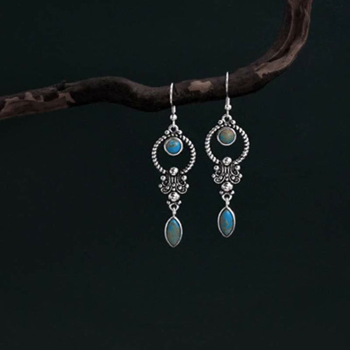 Buddha Stones 925 Sterling Silver Hook Vintage Copper Plated Silver Turquoise Waterdrop Pattern Balance Drop Dangle Earrings - image 2