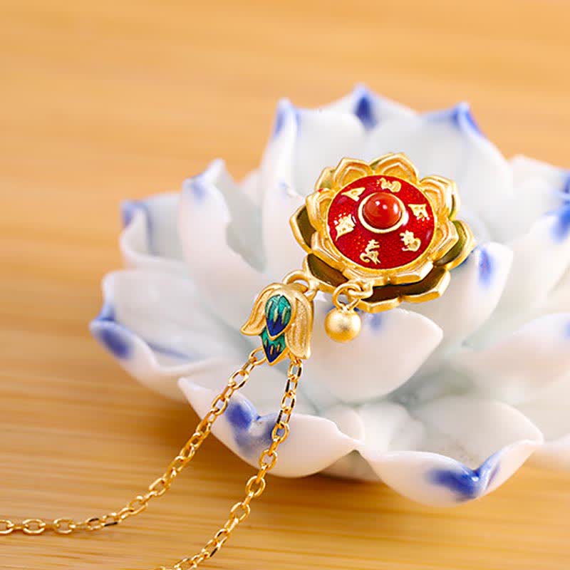 925 Sterling Silver Tibet Lotus Prayer Wheel Red Agate Enlightenment Necklace Pendant - image 2