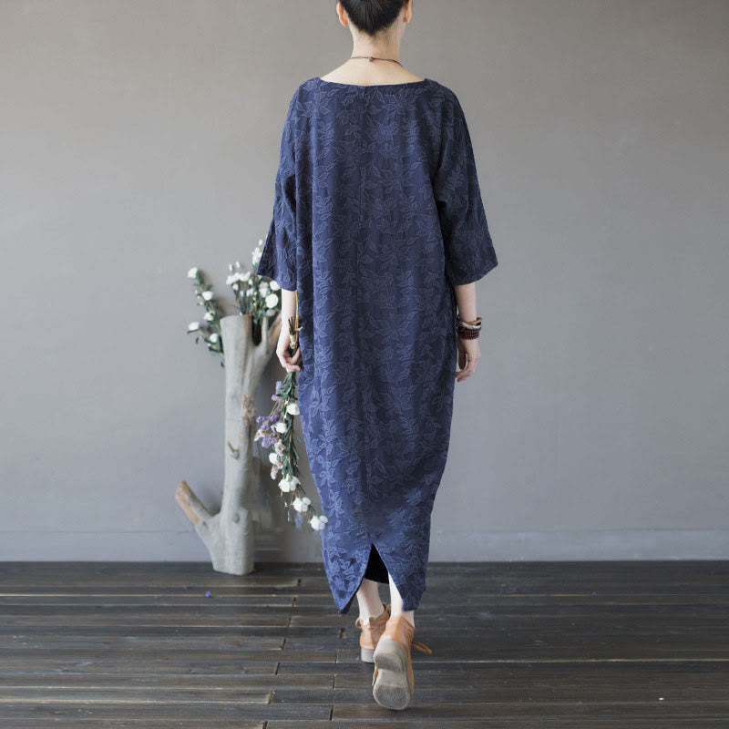 Buddha Stones Blue Flowers Embroidery Jacquard Midi Dress Three Quarter Sleeve Cotton Dress With Pockets