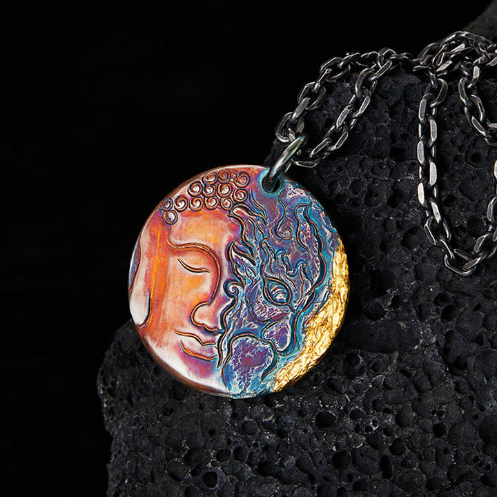 Buddha Stones 999 Sterling Silver 24K Gold Half Demon Half Buddha Compassion Necklace Pendant - 999 Sterling Silver - image 0