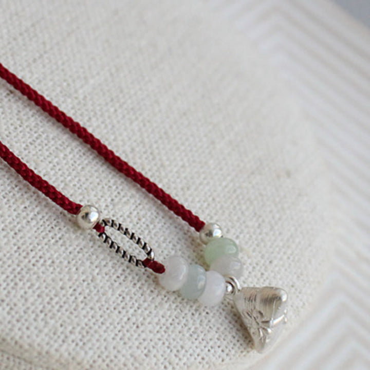 Buddha Stones 925 Sterling Silver Jade Red String Zongzi Charm Abundance Bracelet