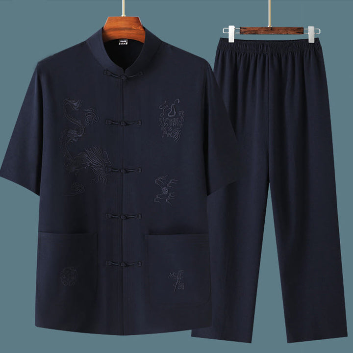Buddha Stones Tang Suit Hanfu Chinese Dragon Traditional Kung Fu Uniform Short Sleeve Tops and Pants Clothing Men's Set - image 1