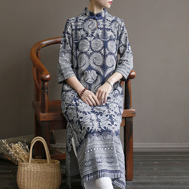 Buddha Stones Blue And White Porcelain Pattern Frog-button Midi Dress Three Quarter Sleeve Linen Batik Dress With Pockets