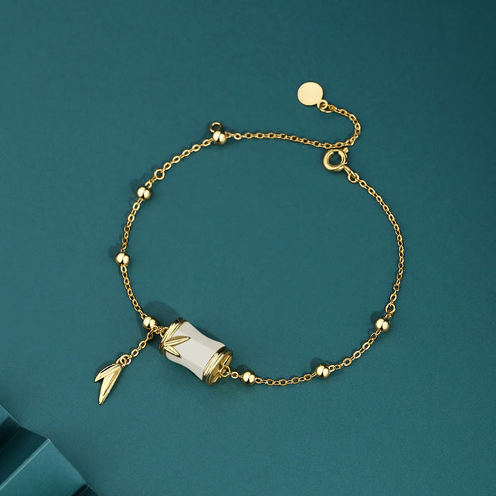 Buddha Stones 925 Sterling Silver 22K Gold Hetian White Jade Bamboo Leaf Luck Necklace Pendant Bracelet - 925 Sterling Silver 22K Gold - Bracelet - image 6