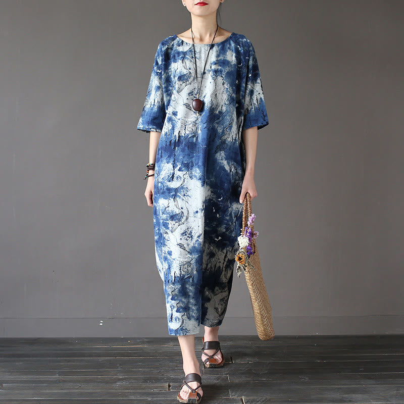 Buddha Stones Ink Tie Dye Midi Dress Three Quarter Sleeve Cotton Linen Dress With Pockets