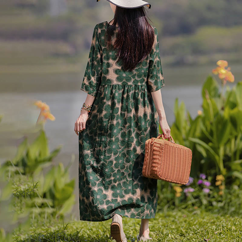 Buddha Stones Flowers Print Midi Dress Cotton Linen Tunic Dress With Pockets