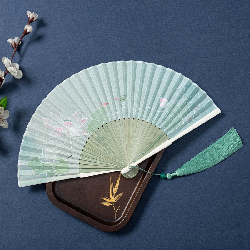 Buddha Stones Lotus Begonia Flower Jasmine Handheld Silk Bamboo Folding Fan 21cm