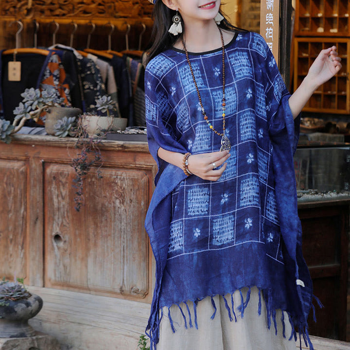 Buddha Stones Blue Color Block Plaid Shawl Tassels Soft Pullover 90*95cm