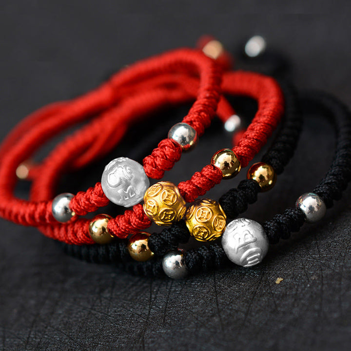 Buddha Stones 999 Sterling Silver Om Mani Padme Hum Copper Coin Luck Strength String Couple Bracelet - image 1