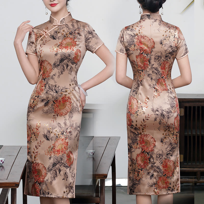 Buddha Stones Retro Flower Lotus Peony Feather Print Qipao Dress Women's Cheongsam Dress - Dark Champagne Flower - US16，UK/AU20，EU48 (5XL) - image 12