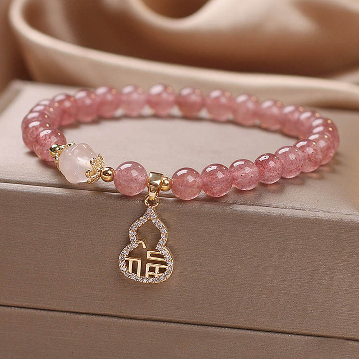 Buddha Stones Strawberry Quartz Gourd Fu Character Charm Positive Bracelet