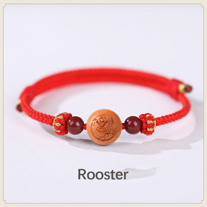 Buddha Stones Natural Peach Wood Chinese Zodiac Fu Character Carved Cinnabar Wealth Bracelet - Rooster-Red(Wrist Circumference 14-18cm) - image 8