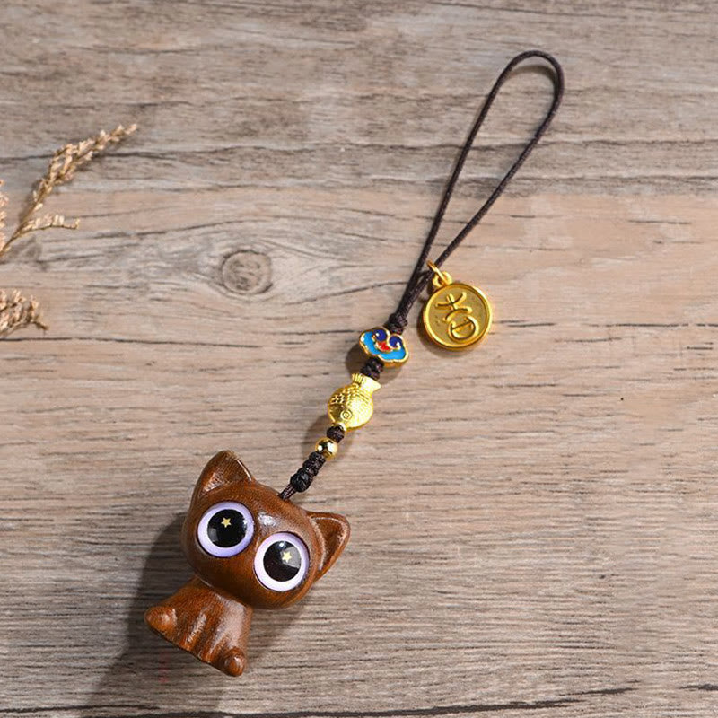 Buddha Stones Green Sandalwood Lucky Cat Koi Fish Cure Key Chain Phone Hanging Decoration - Green Sandalwood Cat Phone Hanging Decoration - image 3