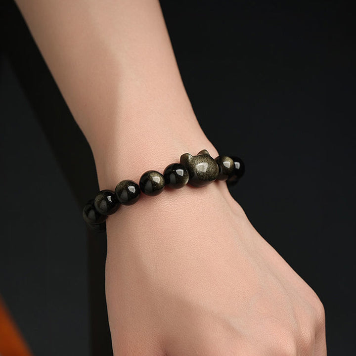 Buddha Stones Gold Sheen Obsidian Silver Sheen Obsidian Lovely Paw Lucky Cat Protection Bracelet - image 12