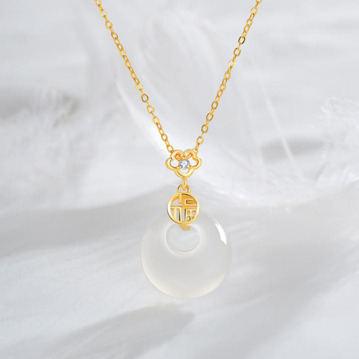 Buddha Stones 925 Sterling Silver White Agate Fu Character Happiness Luck Necklace Pendant - Gold - image 1