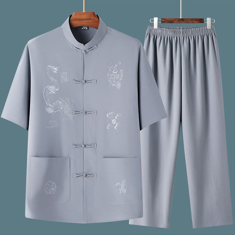 Buddha Stones Tang Suit Hanfu Chinese Dragon Traditional Kung Fu Uniform Short Sleeve Tops and Pants Clothing Men's Set - image 7