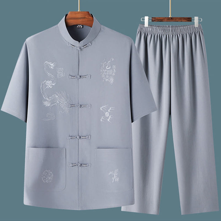 Buddha Stones Tang Suit Hanfu Chinese Dragon Traditional Kung Fu Uniform Short Sleeve Tops and Pants Clothing Men's Set - image 7