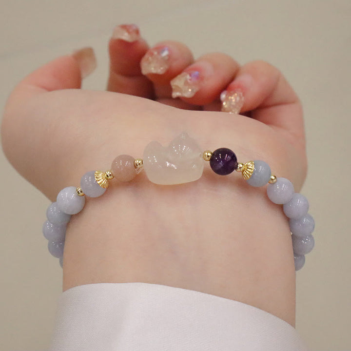 Buddha Stones Natural Aquamarine Chalcedony Serenity Rabbit Gourd Cat Charm Bracelet - Aquamarine Chalcedony Cat - image 7