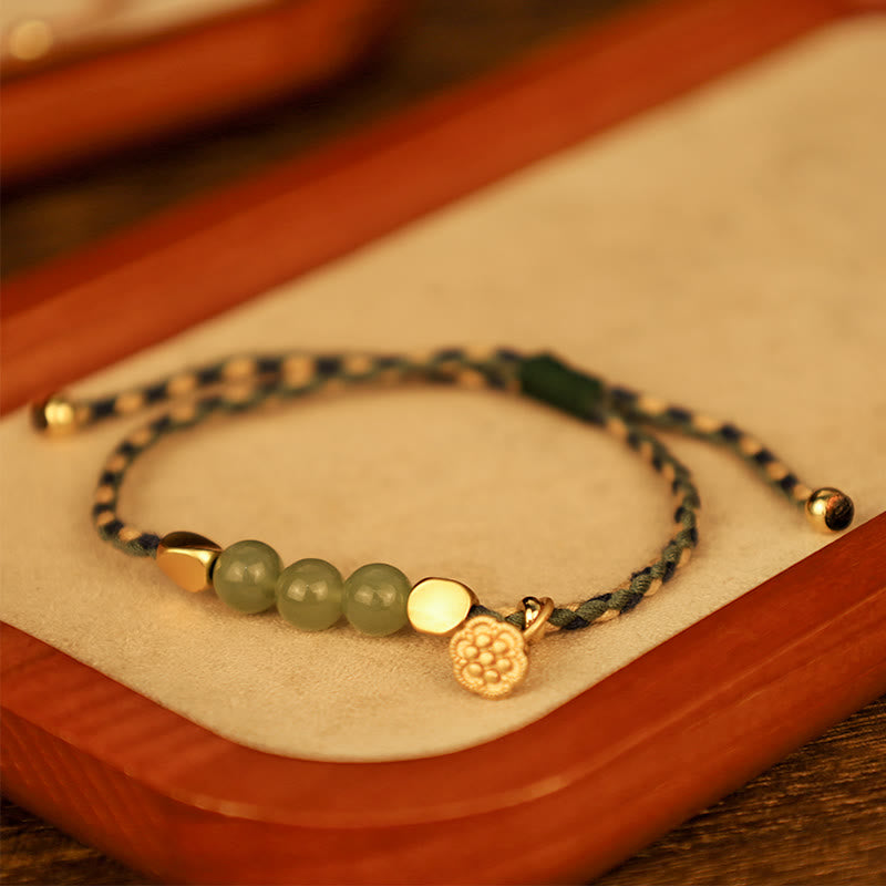 Buddha Stones Handcrafted Hetian Jade Lotus Charm Luck Braided Bracelet