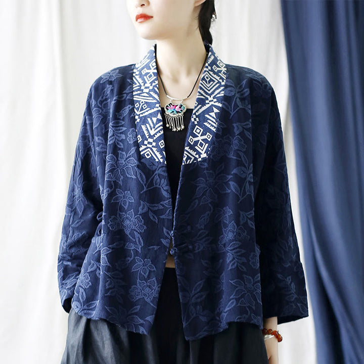 Buddha Stones Flower Jacquard V-Neck Long Sleeve Jacket