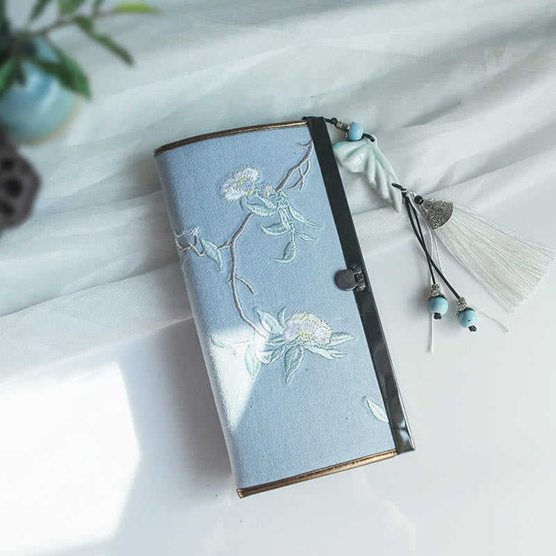 Buddha Stones Flower Plum Peach Blossom Bamboo Double-sided Embroidery Large Capacity Cash Holder Wallet Shopping Purse - Light Blue White Tea Flower - image 9