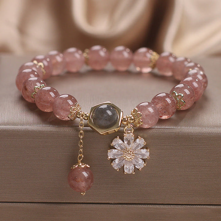 Natural Strawberry Quartz Crystal Daisy Flower Charm Positive Healing Bracelet - Strawberry Quartz(Love♥Healing) Wrist Circumference: 15-16cm - image 0