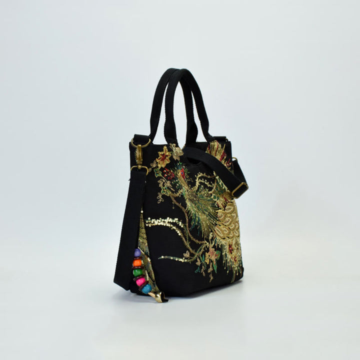Buddha Stones Peacock Double-sided Embroidery Tote Bag Shoulder Bag Crossbody Bag - image 12