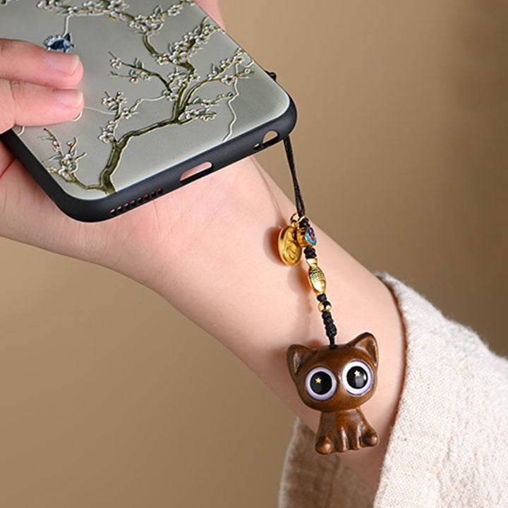 Buddha Stones Green Sandalwood Lucky Cat Koi Fish Cure Key Chain Phone Hanging Decoration - image 6