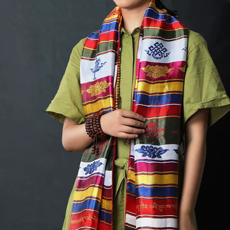 Tibetan Lucky Blessing Multicolored Lotus Mantra Jacquard Khata Decoration - Multicolored Khata 260*55cm - image 0