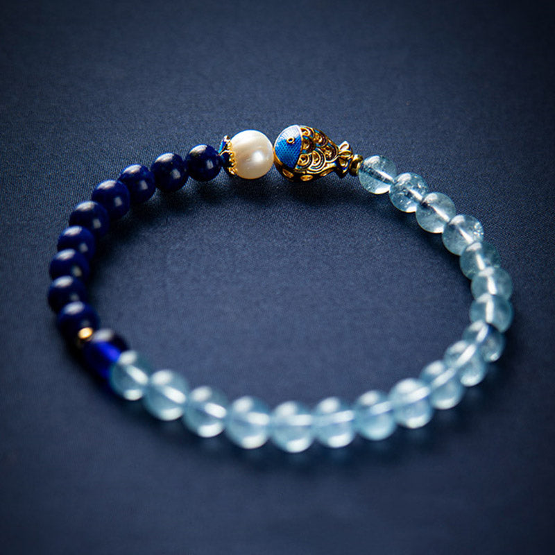 Buddha Stones Natural Aquamarine Lazurite Lapis Lazuli Fish Healing Bracelet - image 0