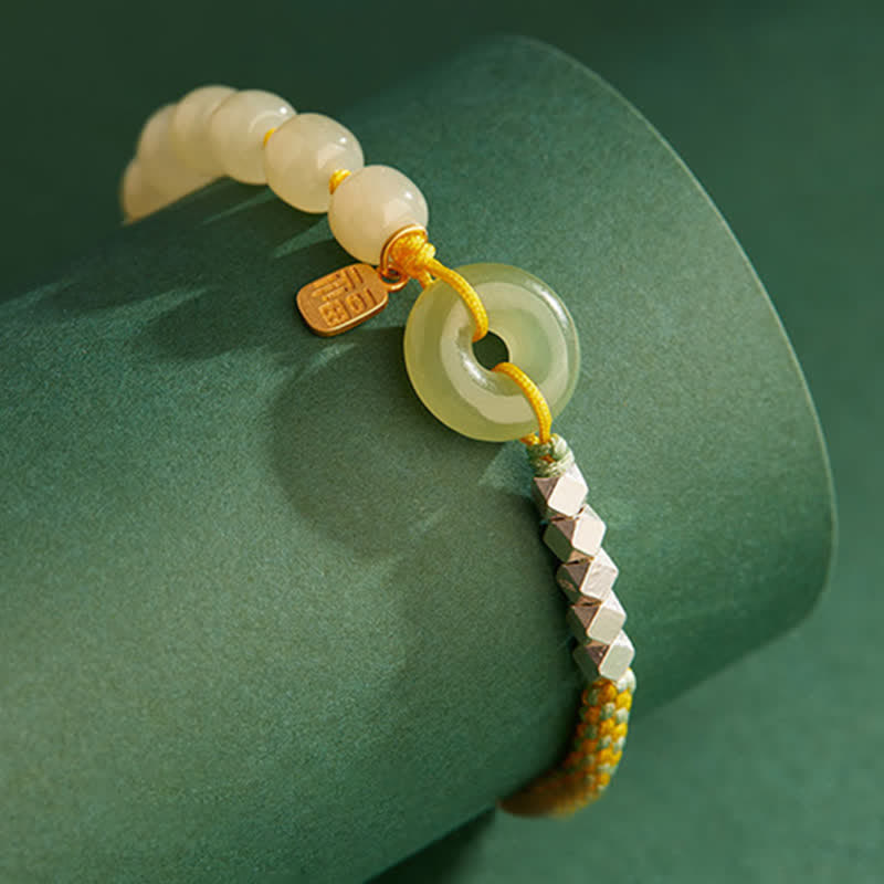 925 Sterling Silver Hetian Jade Peace Buckle Beaded Luck Happiness Charm Bracelet - image 2
