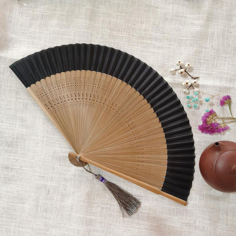 Buddha Stones Simple Hollow Engraved Handheld Bamboo Folding Fan