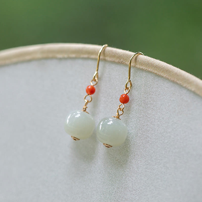 Buddha Stones 925 Sterling Silver Plated 14k Gold Hetian Jade Red Agate Luck Drop Dangle Earrings - image 12