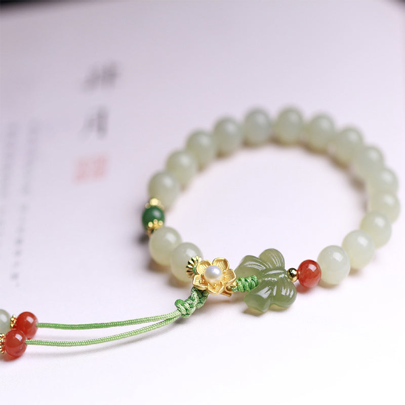 Buddha Stones 925 Sterling Silver Jade Luck Flower Butterfly Bracelet - image 1
