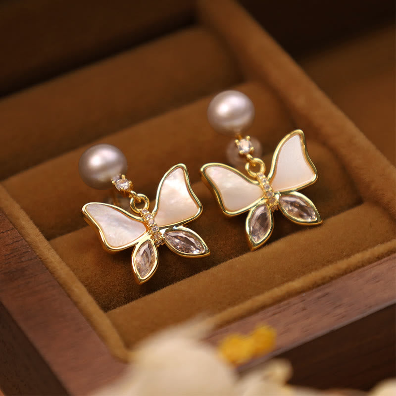 Buddha Stones 18K Gold Plated Copper Natural Shell Pearl Butterfly Sincerity Stud Earrings