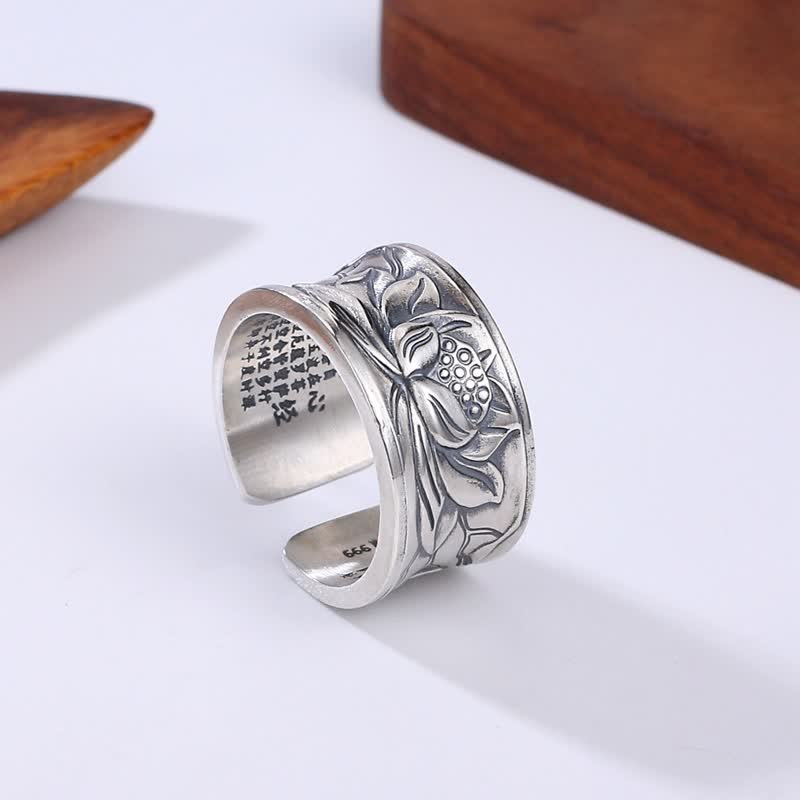 Buddha Stones 999 Sterling Silver Lotus Flower Heart Sutra Protection Ring - 999 Sterling Silver - image 0