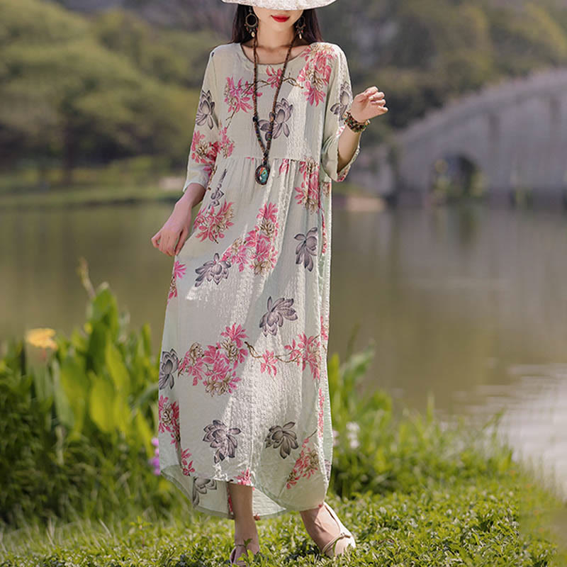 Buddha Stones Flowers Print Midi Dress Cotton Linen Tunic Dress With Pockets