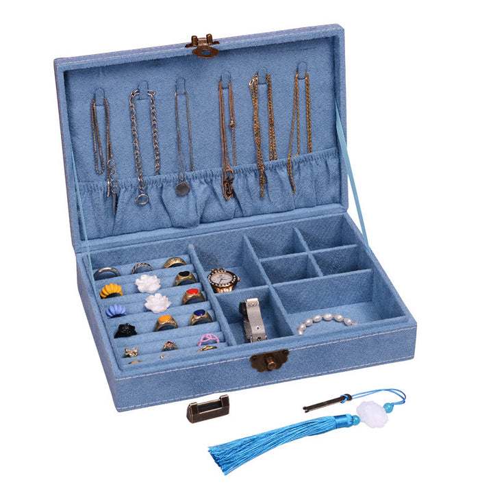 Buddha Stones Simple Design Jewelry Box Organizer Single Layer Flannel Jewelry Storage Box With Lock - Blue28cm*19cm*6.5cm - image 16