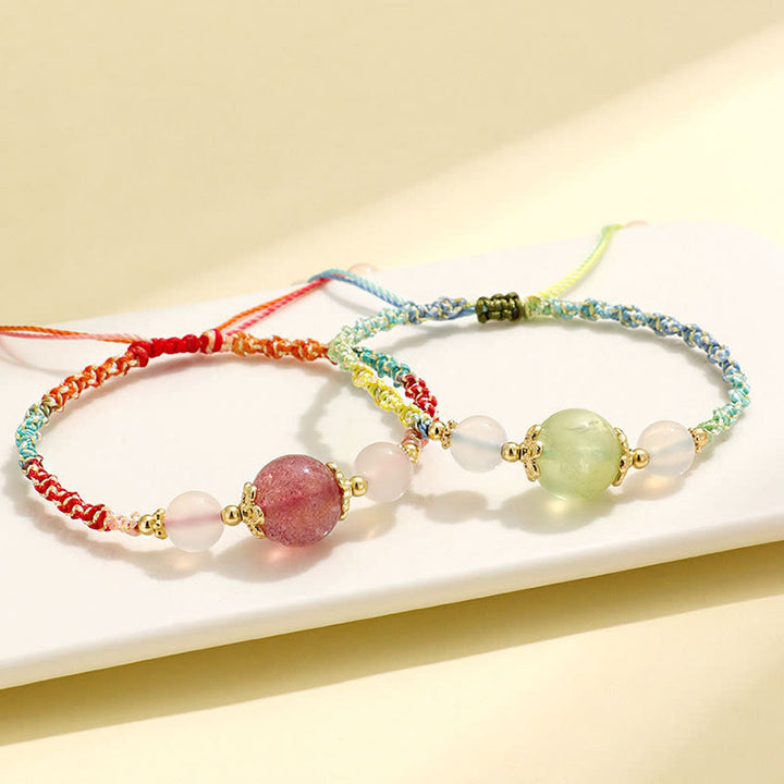 Buddha Stones Strawberry Quartz Pink Crystal Prehnite White Agate Bead Healing Rope Bracelet