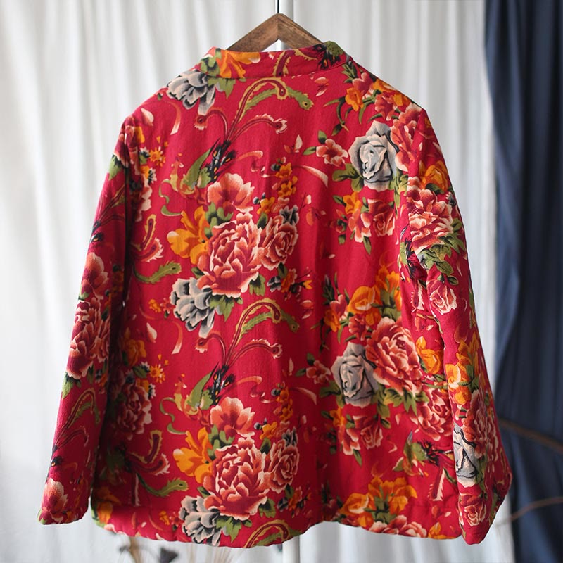 Buddha Stones Flowers Cotton Linen Jacket Shirt Chinese Northeast Style Winter Clothing