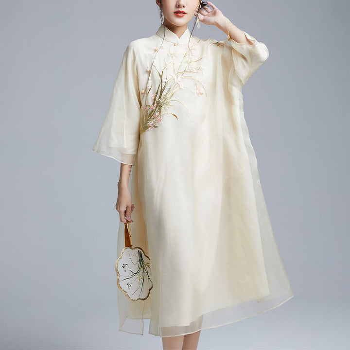 Buddha Stones 100% Mulberry Silk 6 Momme Dress Vintage Flower Butterfly Embroidery Qipao Dress Women's Cheongsam Dress - image 2