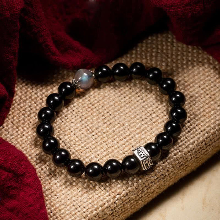Chinese Zodiac Natal Buddha 925 Sterling Silver Black Obsidian Moonstone Strength Bracelet - Dog/Pig-Amitabha Buddha - image 0