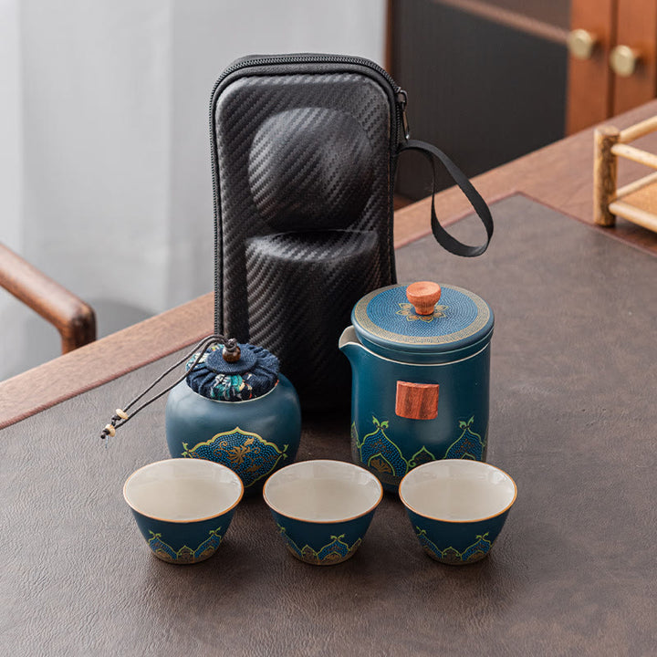 Buddha Stones Flower Chinese Gongfu Ceramic Teapot Portable Outdoor Travel Tea Set Bag