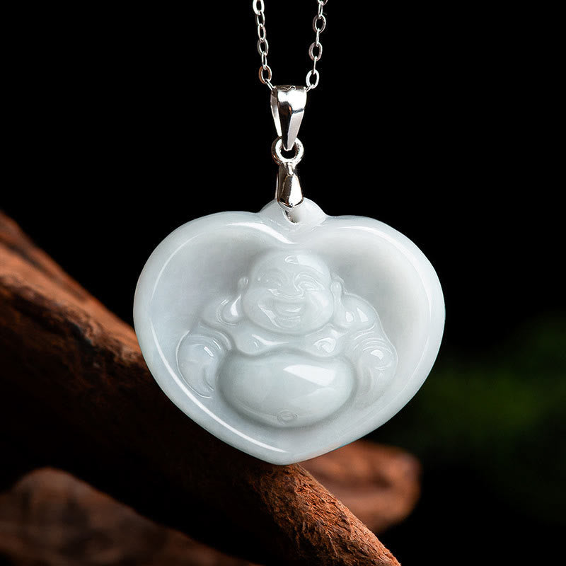 Buddha Stones Laughing Buddha White Jade Luck Blessing Titanium Steel Chain Necklace Pendant - image 0