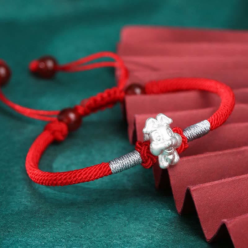 Buddha Stones 999 Sterling Silver Chinese Zodiac Luck Strength Red String Bracelet - Rabbit(Bracelet Size 15.5cm+8cm) - image 0