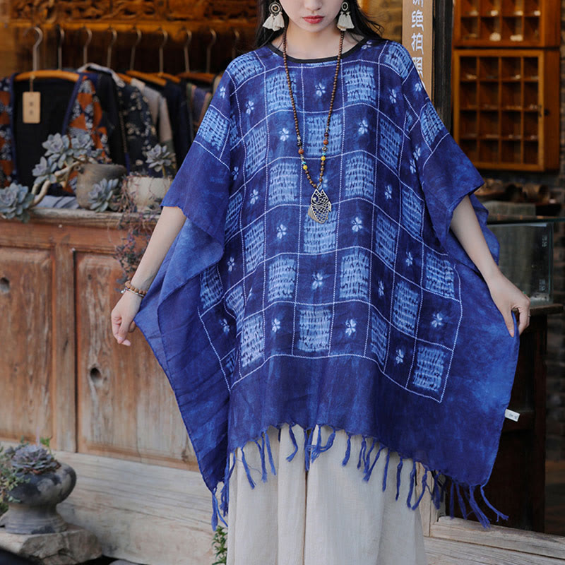 Buddha Stones Blue Color Block Plaid Shawl Tassels Soft Pullover 90*95cm