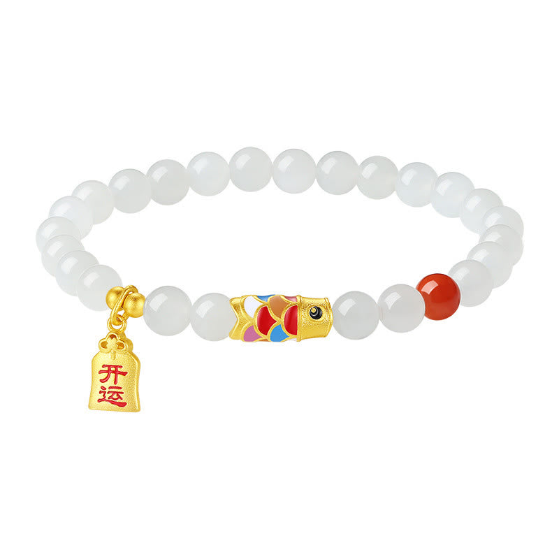 Buddha Stones 925 Sterling Silver Hetian White Jade Red Agate Koi Fish Luck Happiness Bracelet - image 10